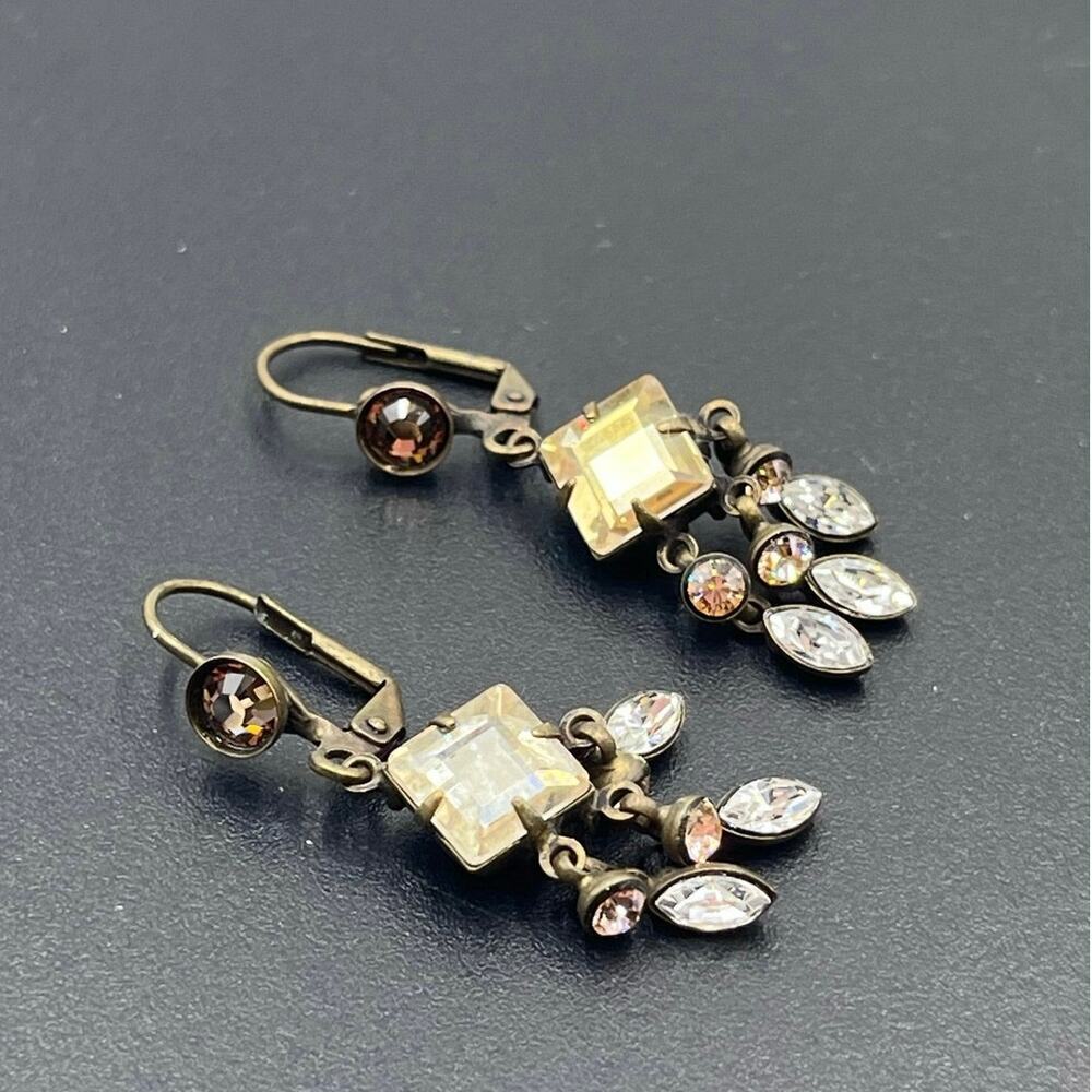 Sorrelli Signed Topaz Clear pink crystals Dangle Brass Chandelier earrings‎